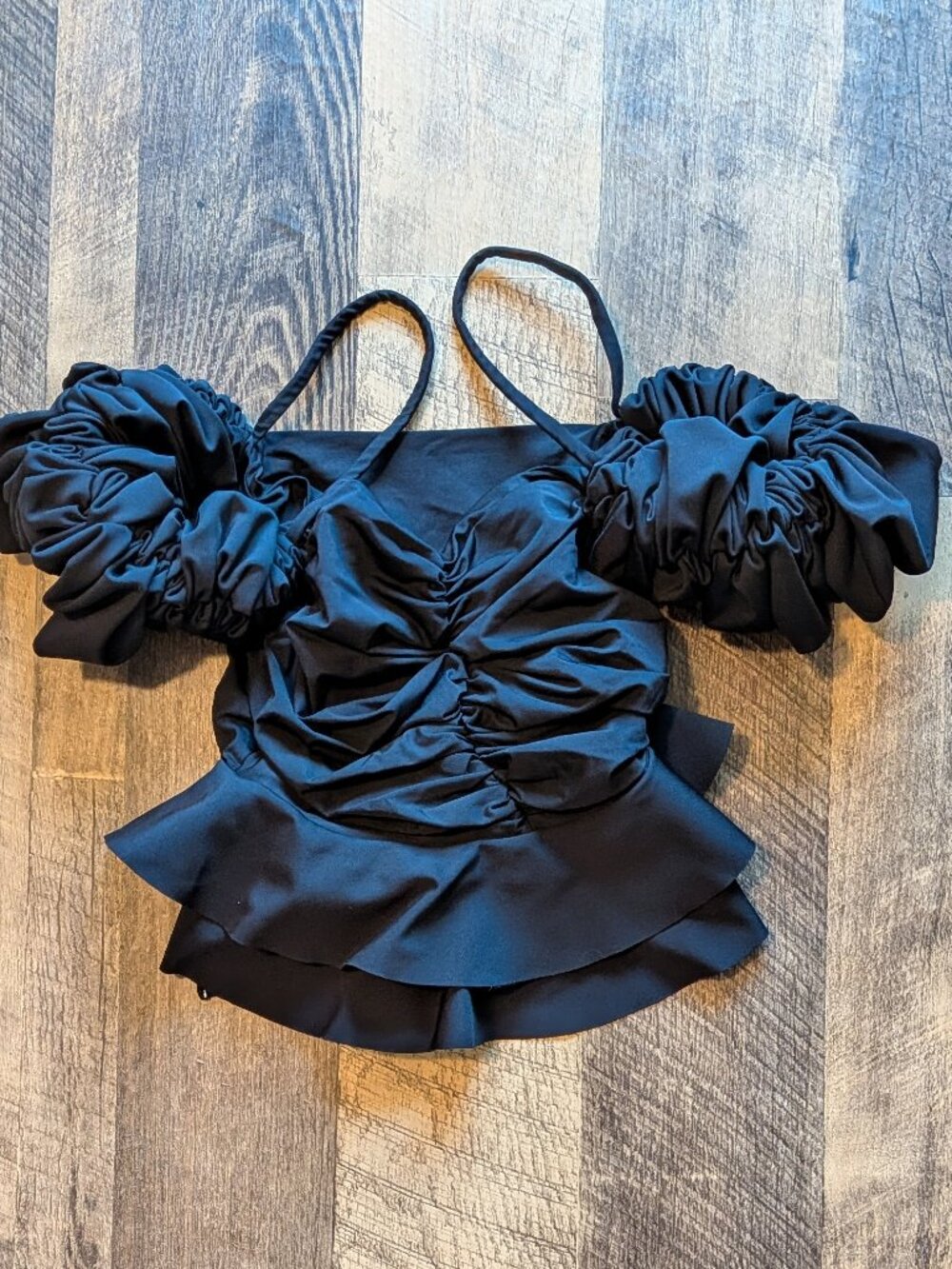 Maygel Coronel Ruched Front Off the Shoulder Ruffle Swim Top Black